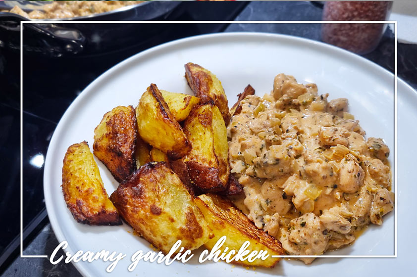 Creamy garlic chicken bites in a plate